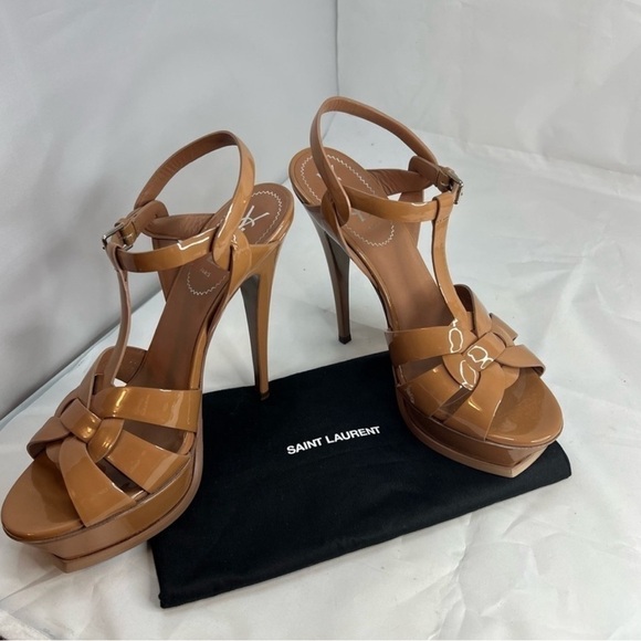 YVE SAINT LAURENT Tribute Brown T-strap Patent Leather Platform Sandal N… - Picture 13 of 13